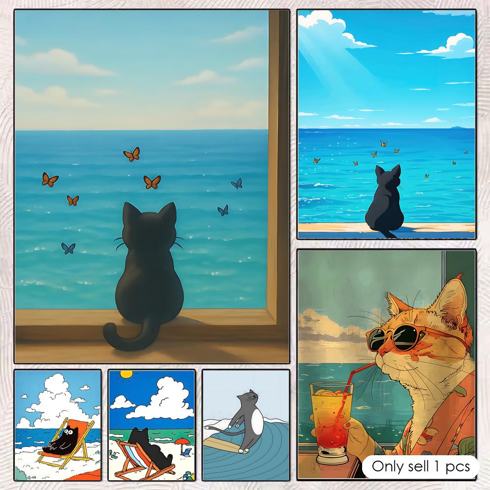 猫とビーチのポスター ウォールアート 残留物のないポスター  - Esports And Gaming Lounge のレビューと価格